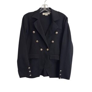Eva & Paige Black Double Breasted Knit Blazer Silver Crest Button Jacket Medium